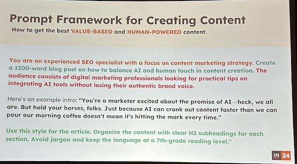 Slide from HubSpot's 2024 INBOUND conference titled 'Prompt Framework for Creating Content,' focusing on strategies for value-based and human-powered content.