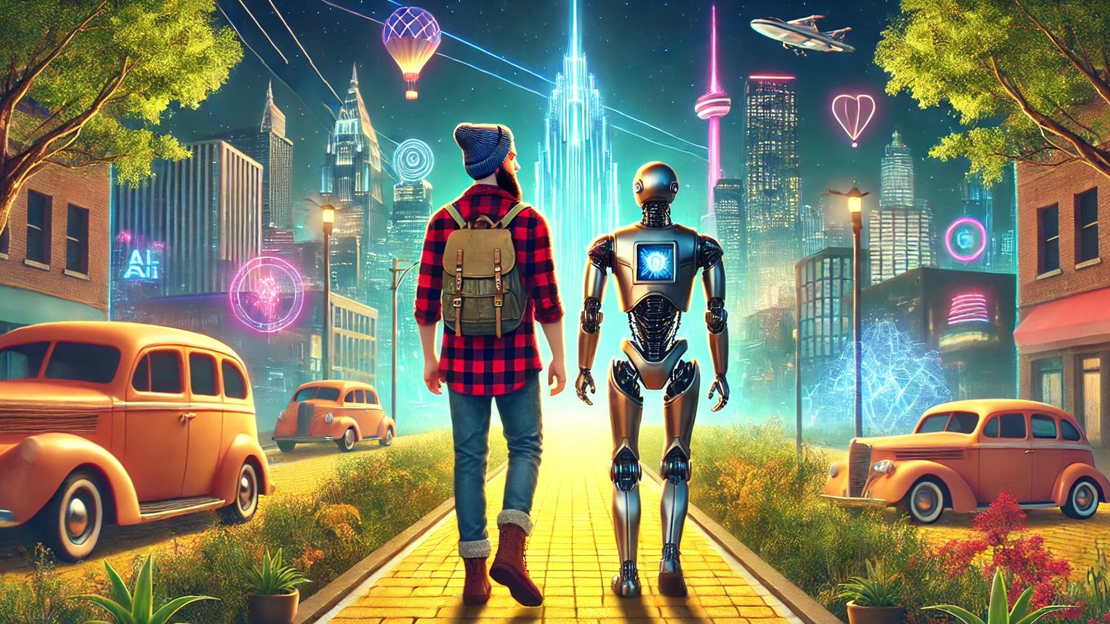 Illustration of a human and a robot AI companion walking hand-in-hand down a yellow brick road towards a futuristic city. The human, dressed in casual hipster style with a beanie and backpack, walks alongside a sleek robot. The city skyline in the background features glowing neon lights, advanced buildings, and flying vehicles, symbolizing a harmonious future of work and technology integration.